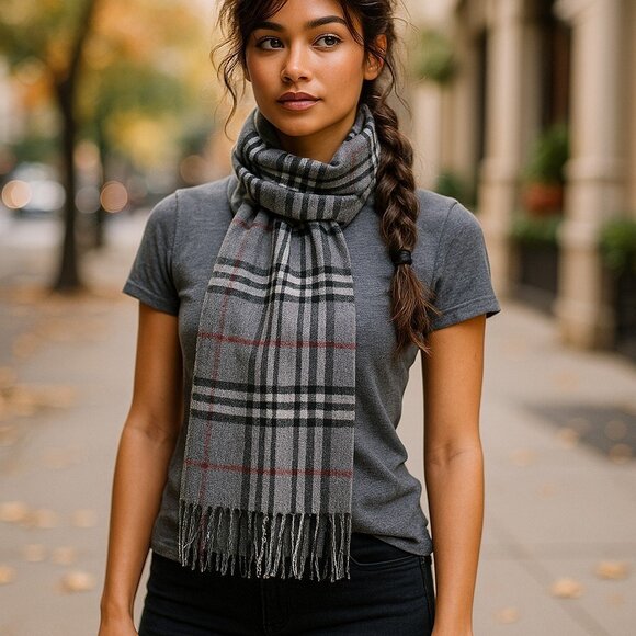 VINTAGE V FRAAS Gray Plaid Nova Check Scarf Wool Cashmere Acrylic Germany Wrap - Picture 1 of 11